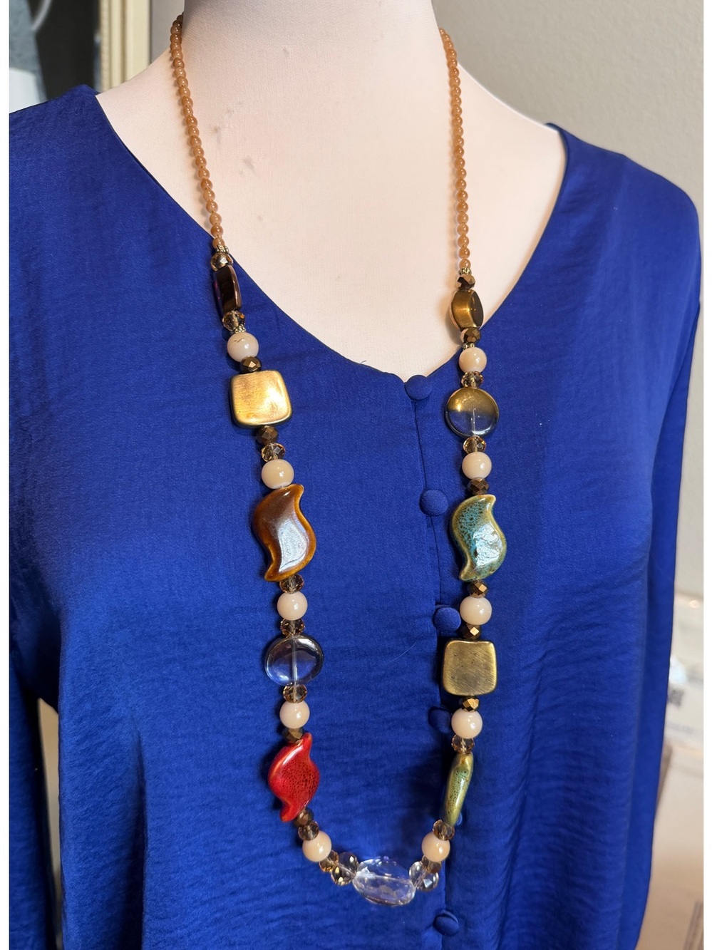 Vintage Artisan Ceramic Glass Bead Long Statement Necklace 32.5” Boho